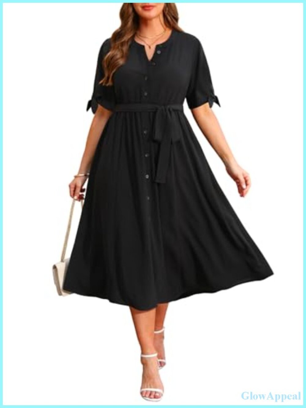 Plus Size A-Line Midi Dress, Button Front V-Neck Short Sleeve Work Dress